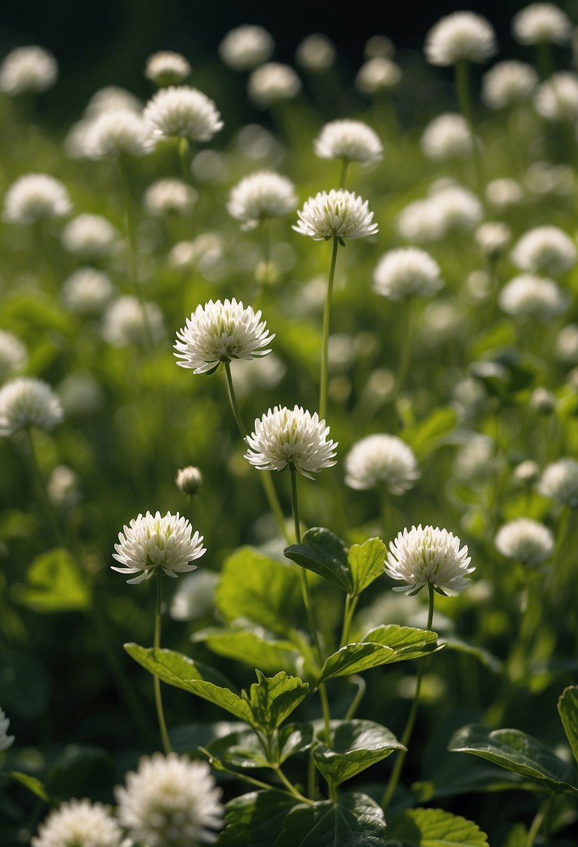 A field of white clover flowers, 31 in total, bloom under the bright sun. Each delicate bloom stands out against the lush green leaves