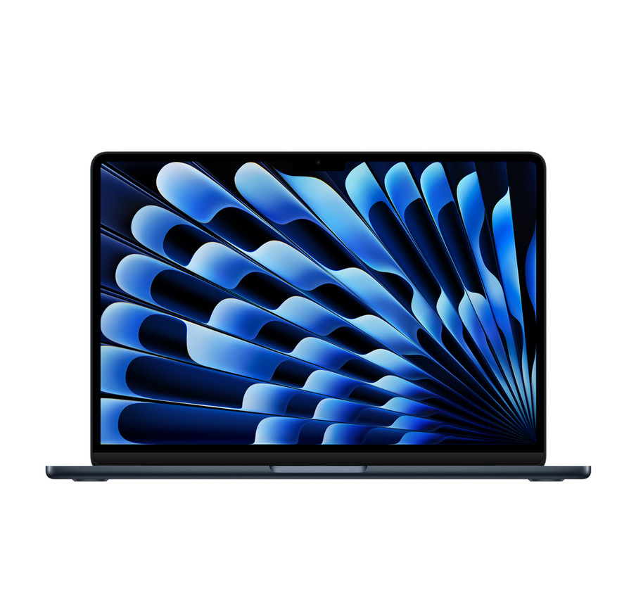 13-inch MacBook Air, open, display with thin bezels, FaceTime HD camera, raised feet, rounded corners, Midnight colour