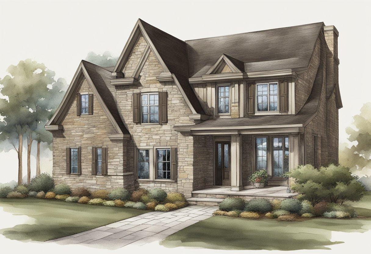 A house with stone and brick siding, contrasting textures, and earthy colors. The stone siding has a rough, irregular surface, while the brick siding is smooth and uniform. The overall appearance is sturdy and timeless