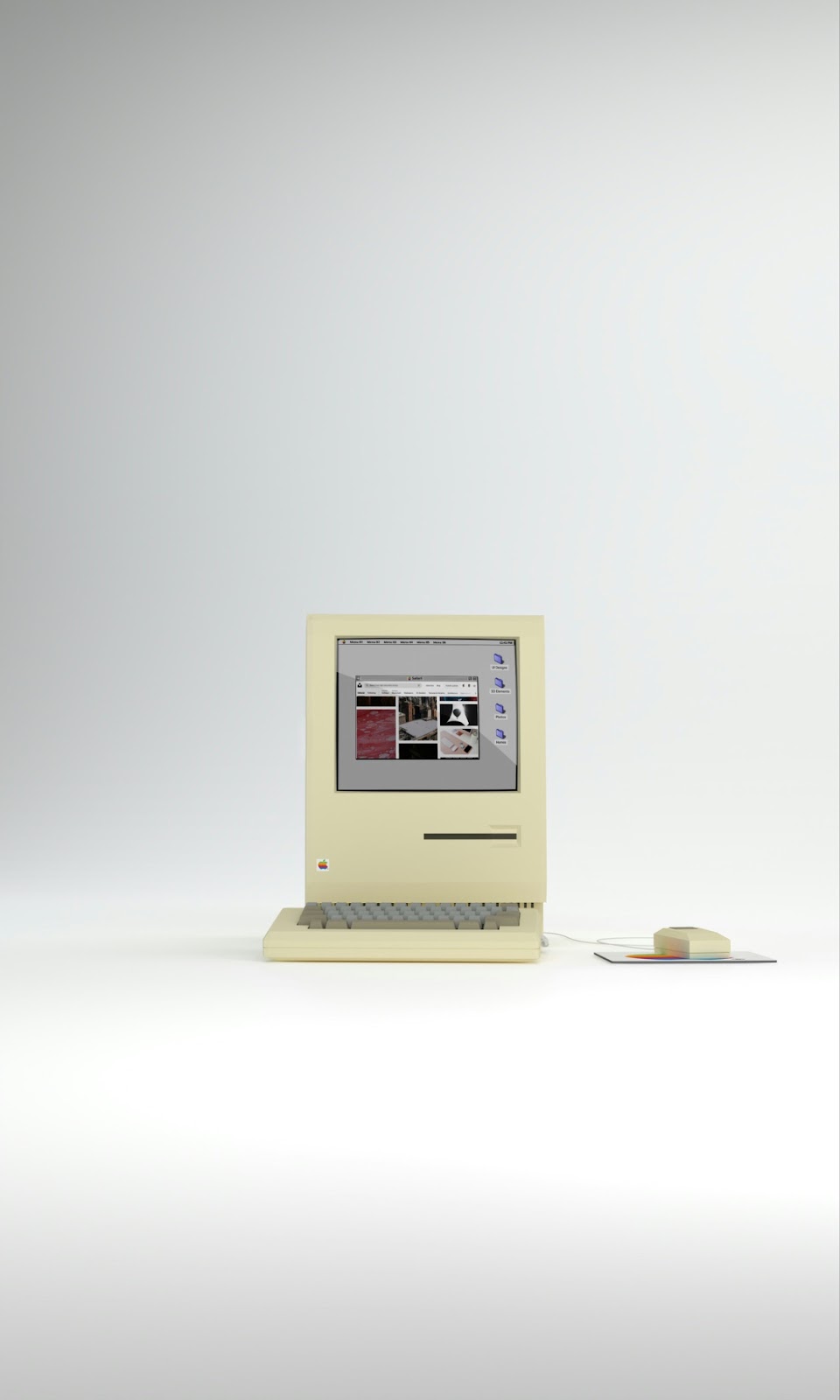 Vintage Macintosh computer displaying an old website on the screen