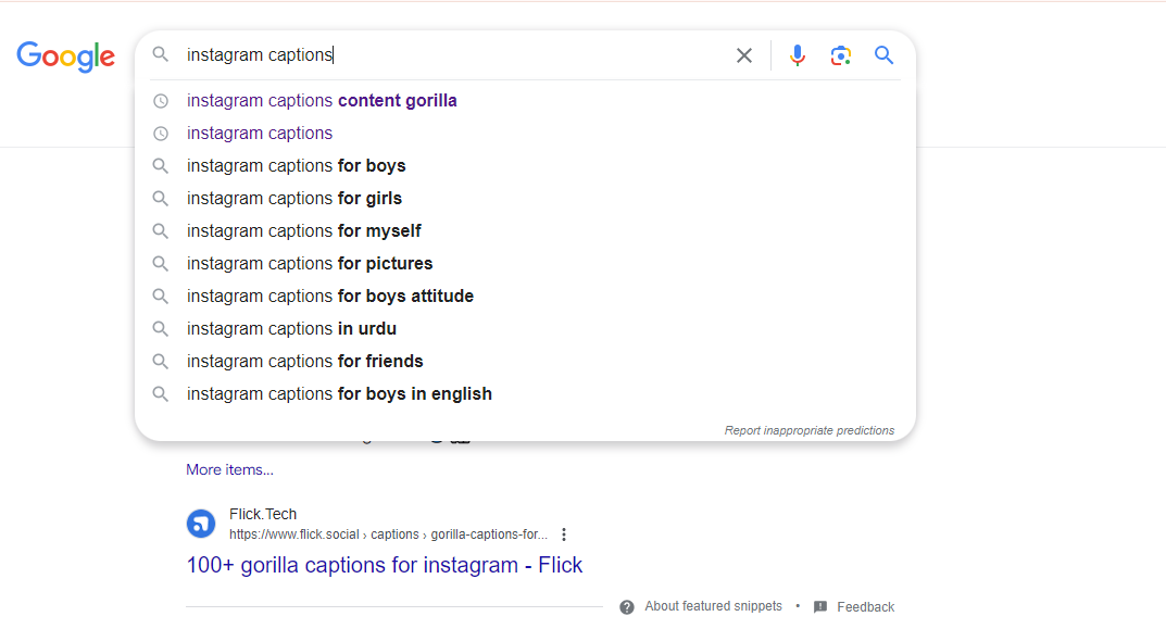 Google search bar results for "Instagram captions"