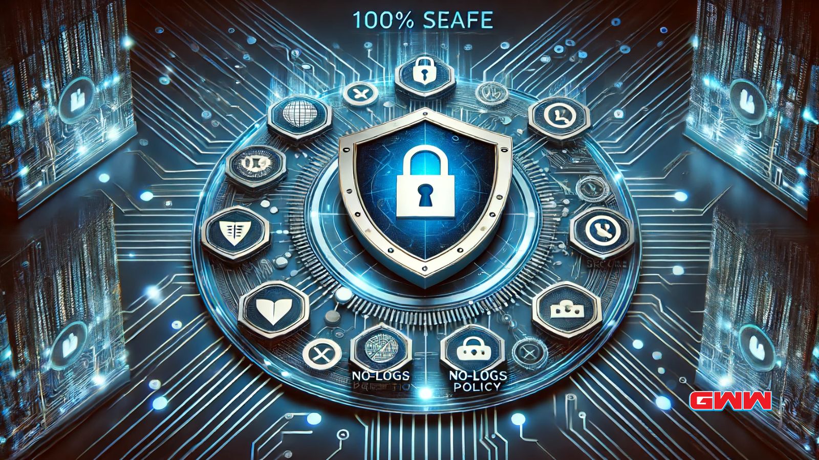 100% safe VPN with no-logs policy and encryption icons