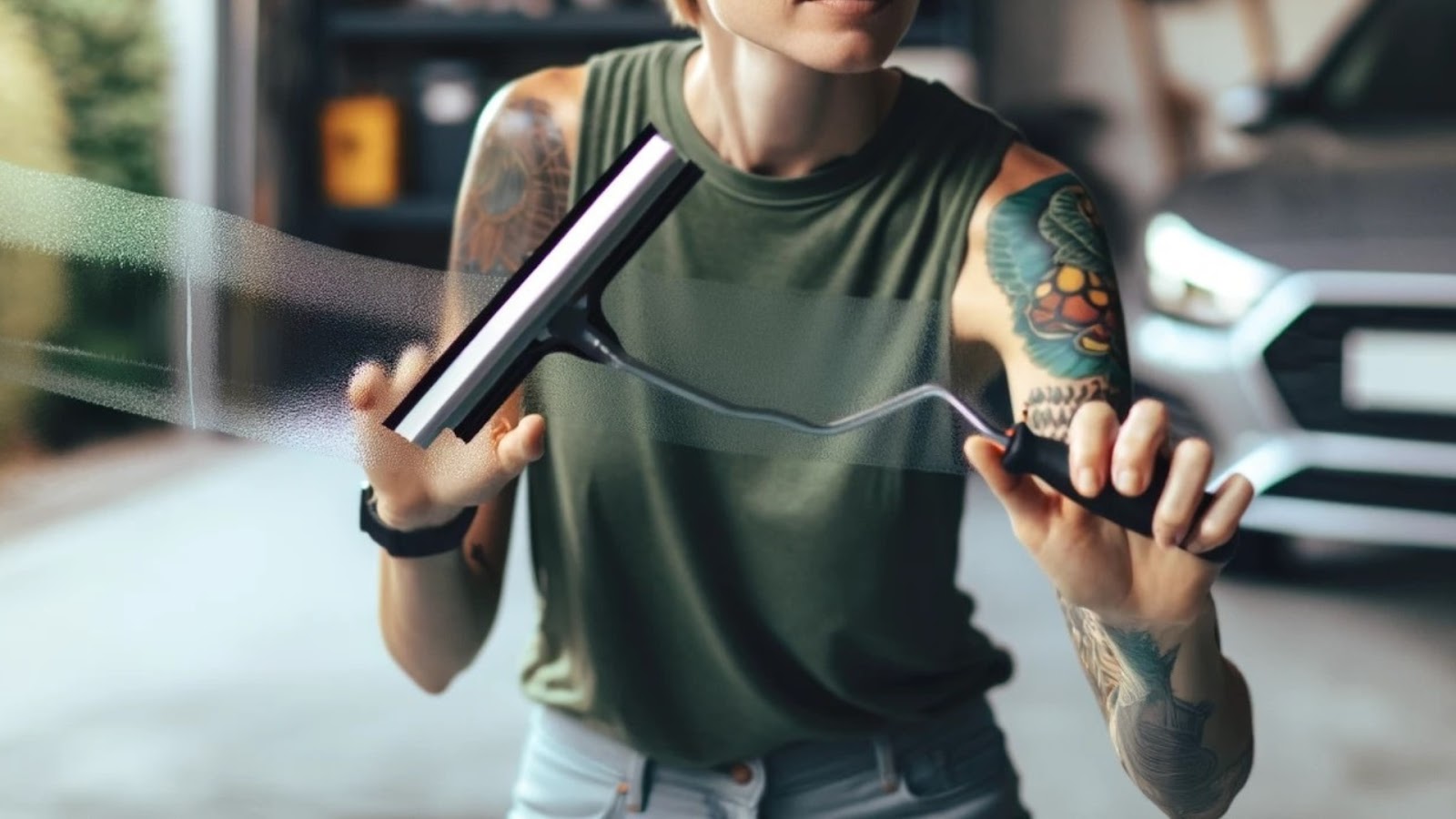 A woman applying the garage door window tint using a squeegee