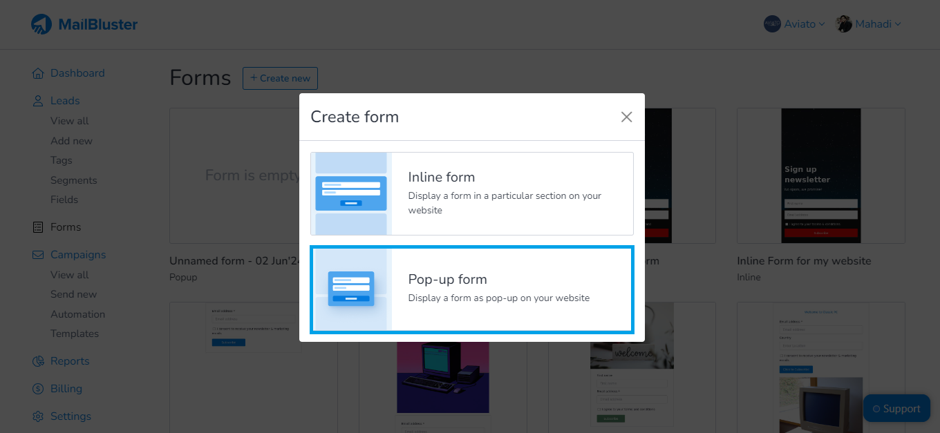 Create form popup selection box in MailBluster