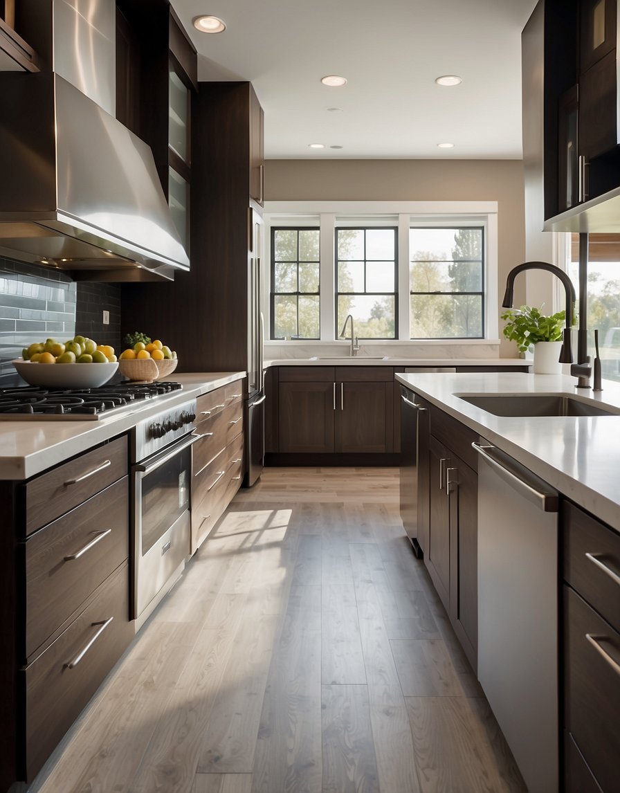 A modern kitchen with mocha 41 cabinets, sleek countertops, and stainless steel appliances. Bright natural light floods the space, highlighting the warm, inviting color of the cabinets