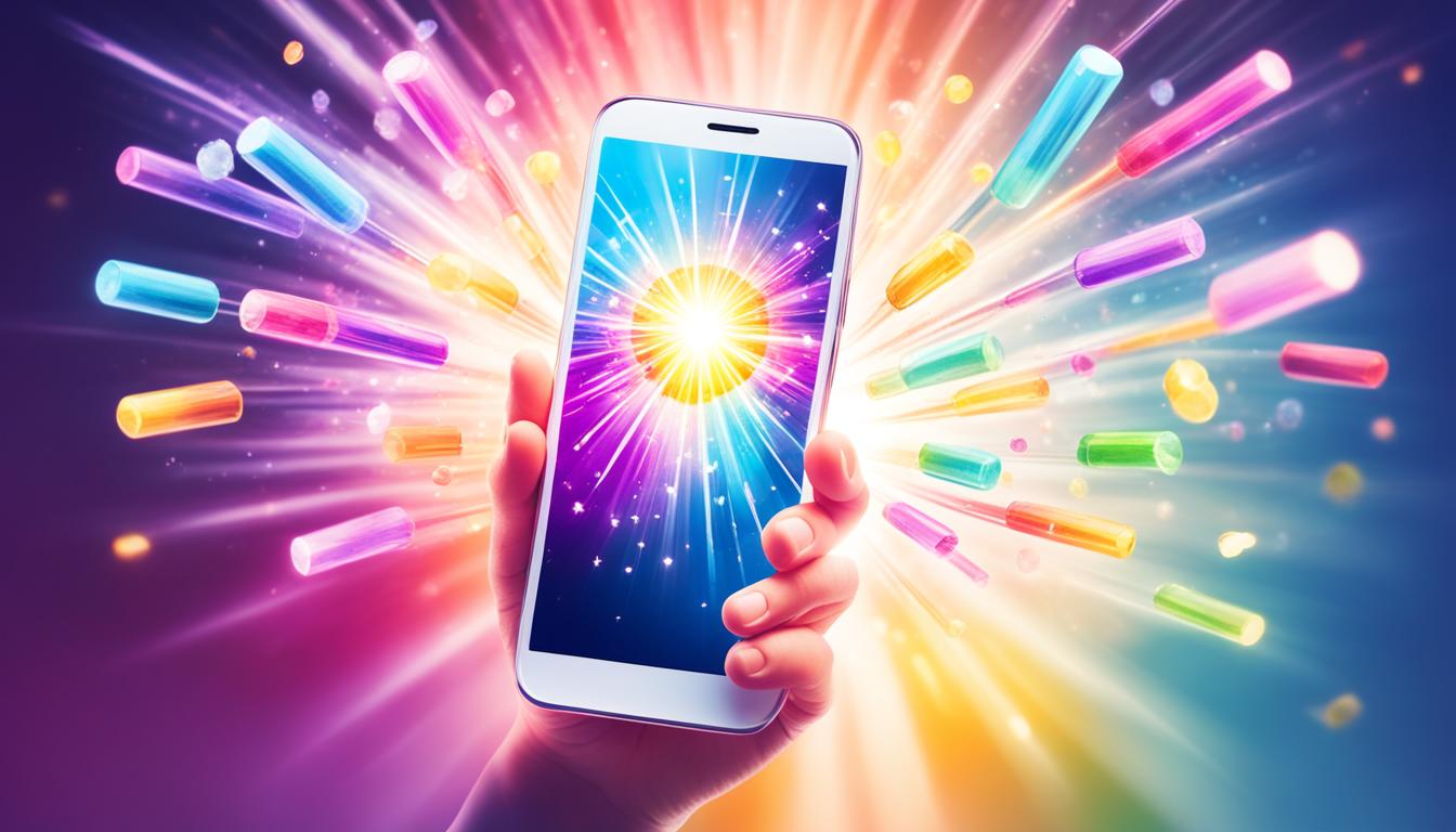 A stylized hand holding a smartphone with colorful burst of sparkles emanating from it, surrounded by an aura of positive energy and light. The hand is reaching out towards a field of flowers, symbolizing the manifestation of positive messages. The background should be a gradient of warm colors, representing the power of attraction and manifestation.