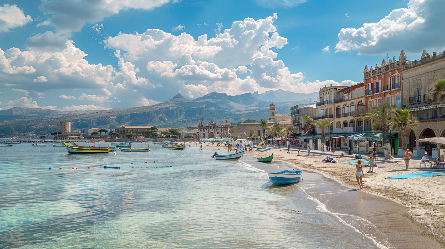 A bustling day at Mondello Beach, where people are basking under the Mediterranean sun.