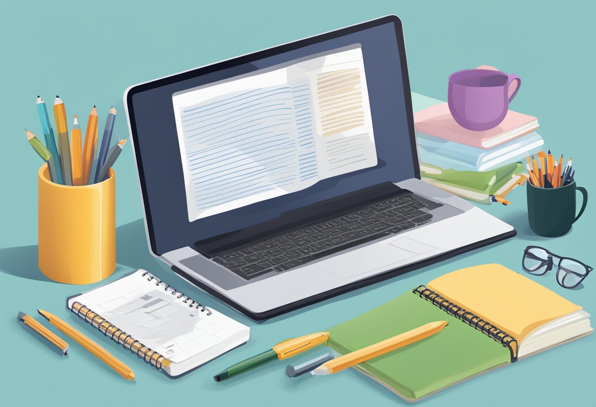 A laptop displaying various types of copywriting examples with a pen and notebook next to it for brainstorming and note-taking