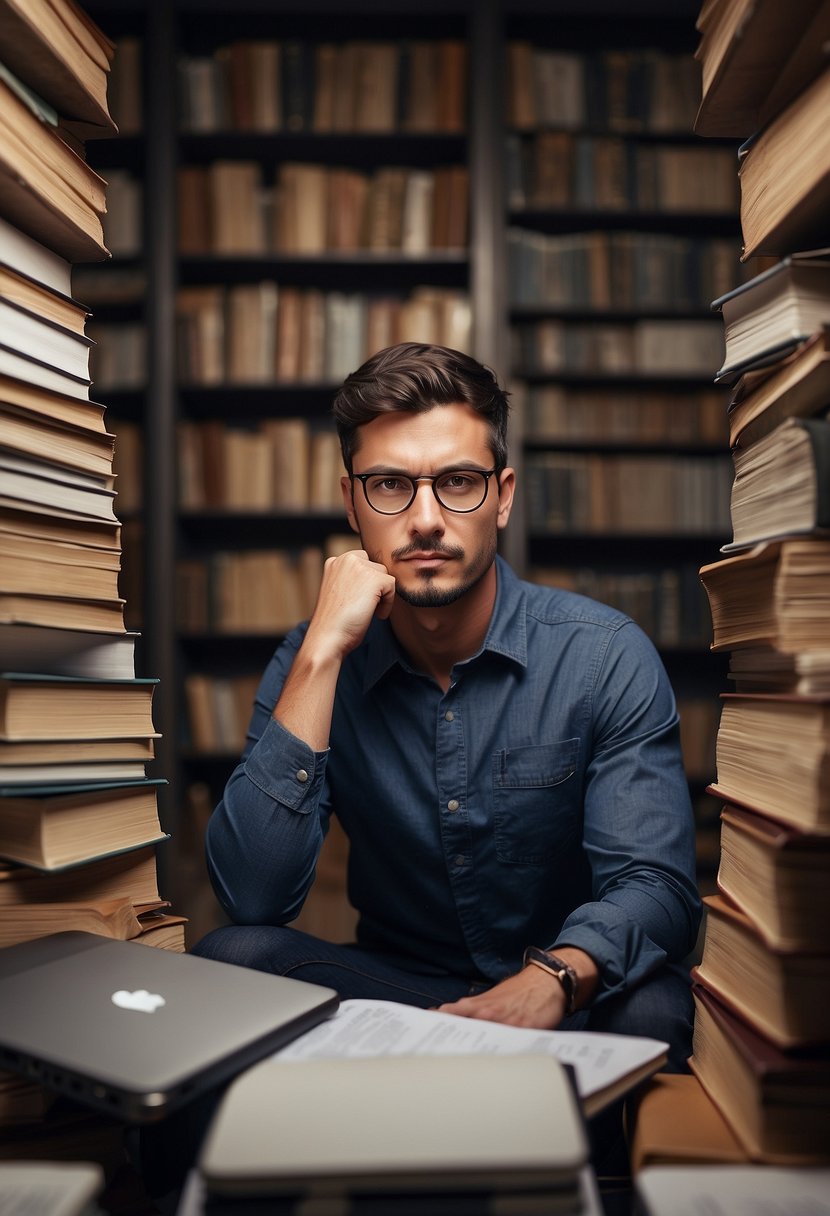 A person surrounded by books, notebooks, and a laptop, with a determined expression on their face, as they analyze their mistakes and plan their next steps