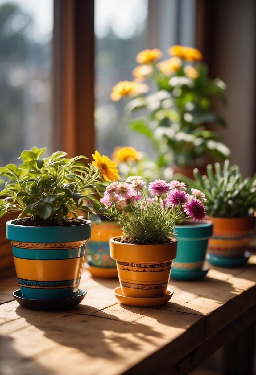 Colorful flower pots arranged on a wooden table, each hand-painted with intricate designs. Sunlight streams through a nearby window, casting a warm glow on the vibrant pots