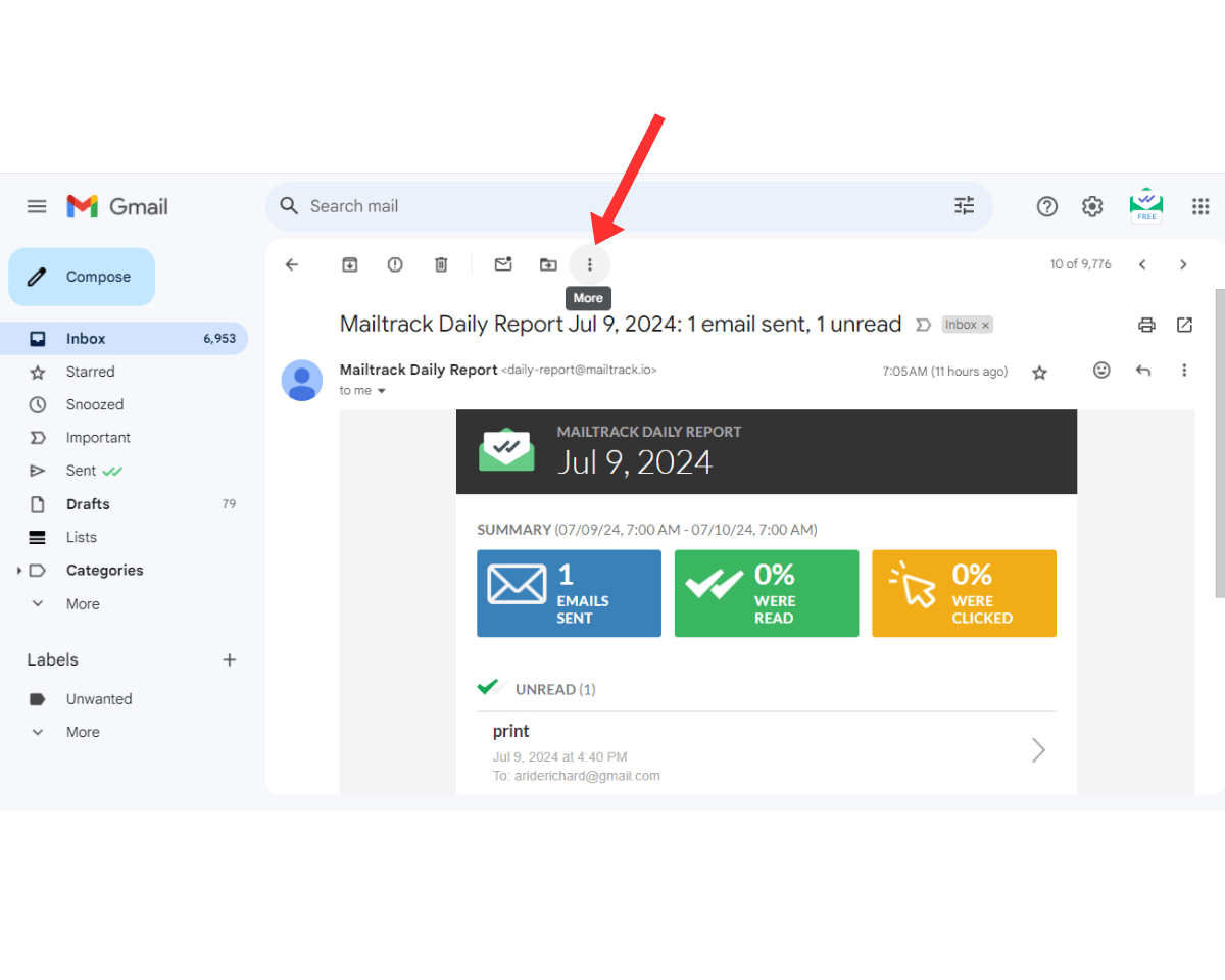 Steps to set follow-up reminder on an email - open the email and click the more options button