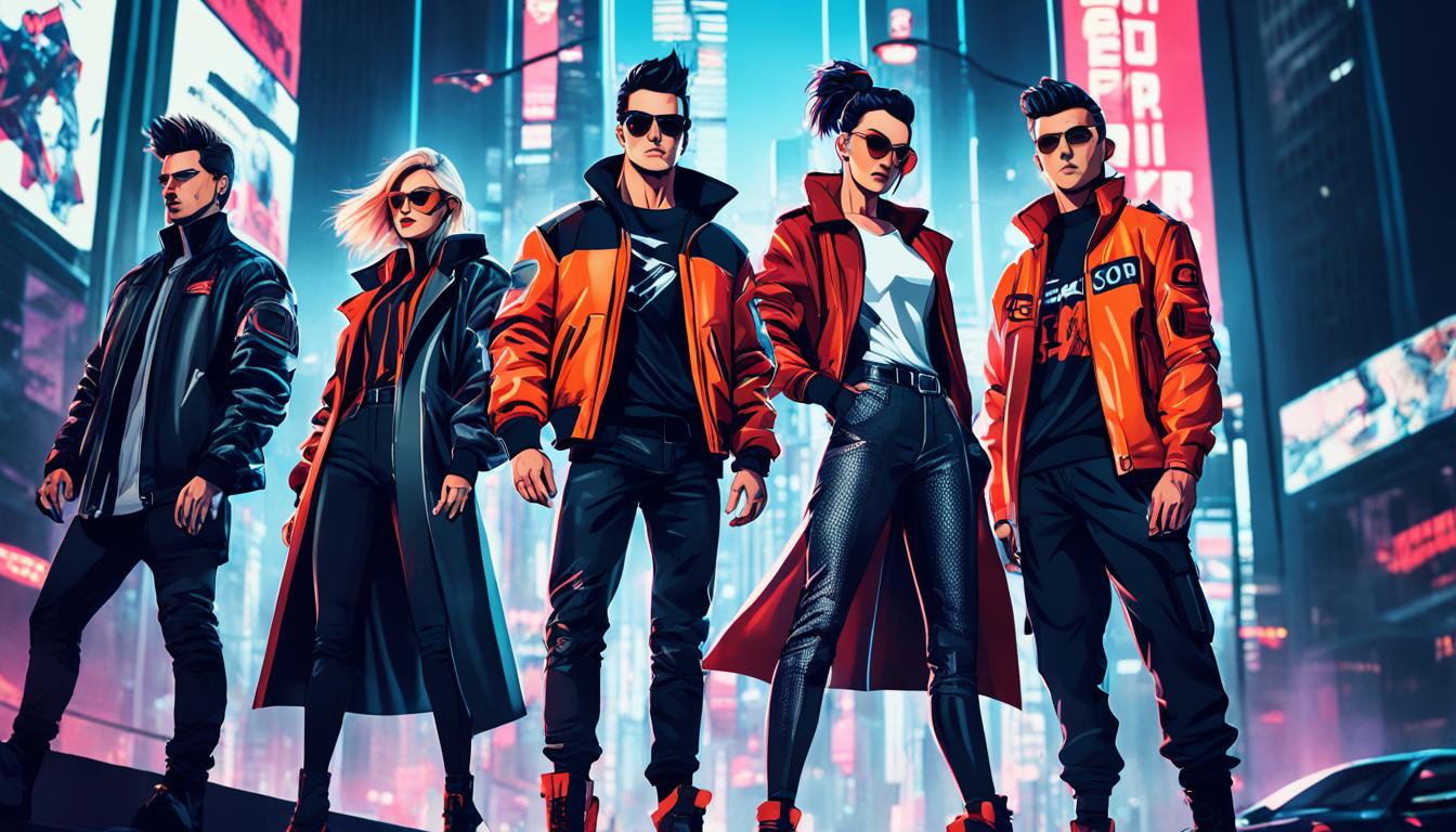 Create an image of a group of stylish individuals wearing Akira-inspired clothing. The clothing should be sleek and futuristic, with bold colors and unique designs. The characters should be posed in dynamic positions, exuding confidence and attitude. The background should be cityscape-inspired, with neon lights and a gritty urban feel. The overall mood should be edgy and cool, capturing the essence of the Akira phenomenon.