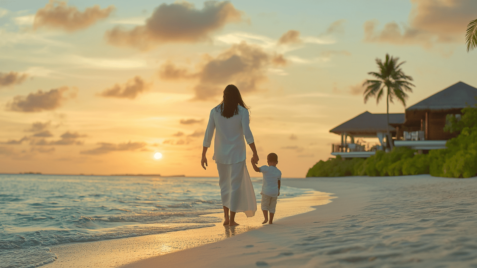 A mother and her child enjoying a sunset walk on the beach in front of their luxury villa