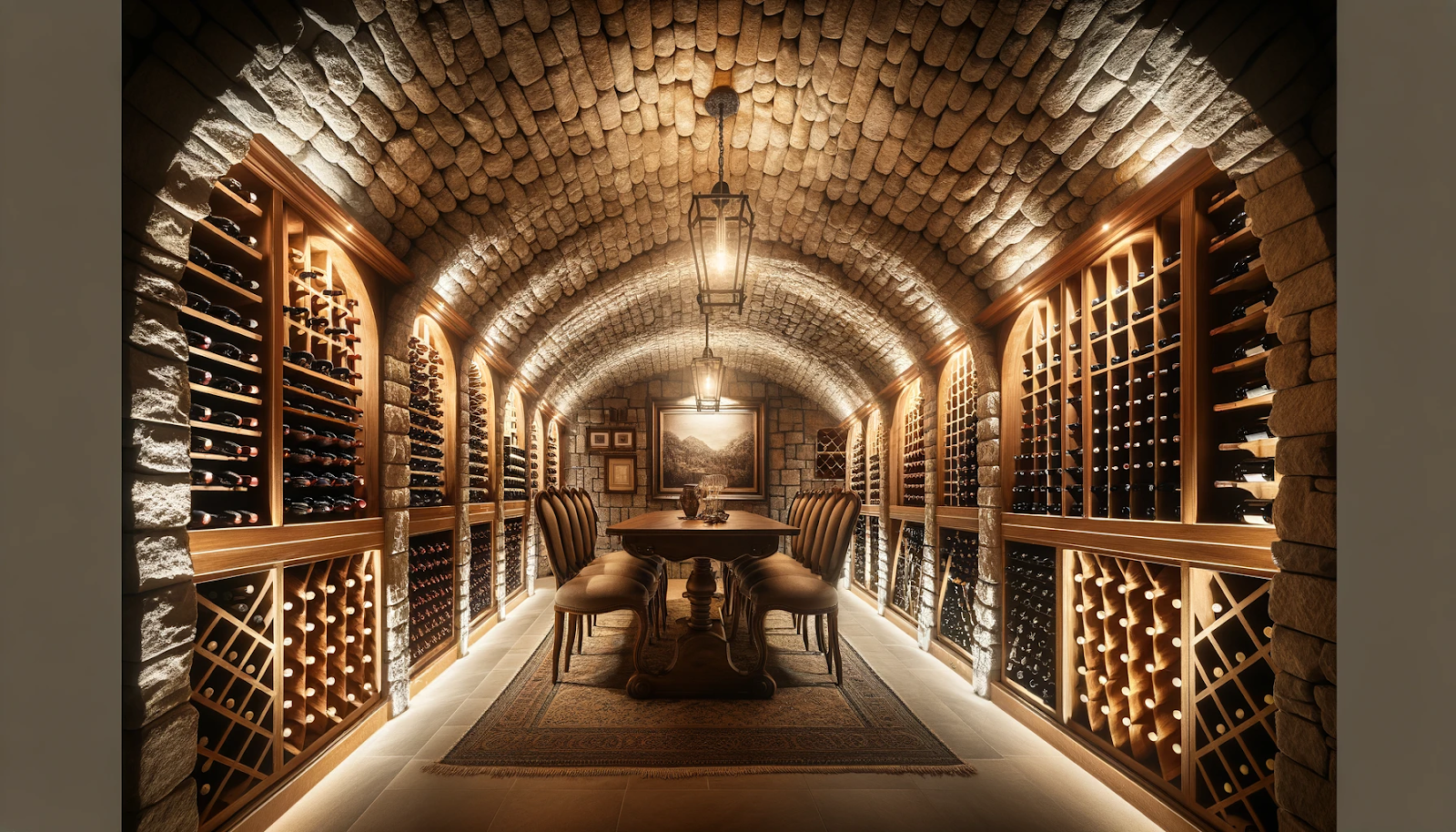 a wine cellar with a table and chairs