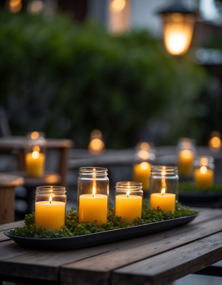 An outdoor patio with citronella candles arranged in various ways to repel flies. The candles are placed strategically around the seating area, creating a barrier against the pesky insects