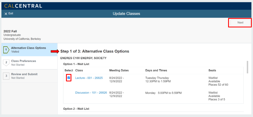 Step 1 of 3: Alternative Class Options section with "Next" button emphasized with red box highlight. 