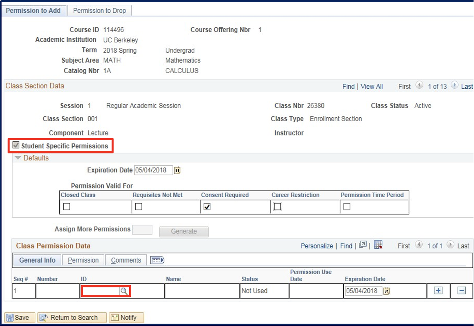 Enter Student ID numbers in the Class Permission Data section