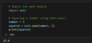 Example output of Python square using math.pow() function.
