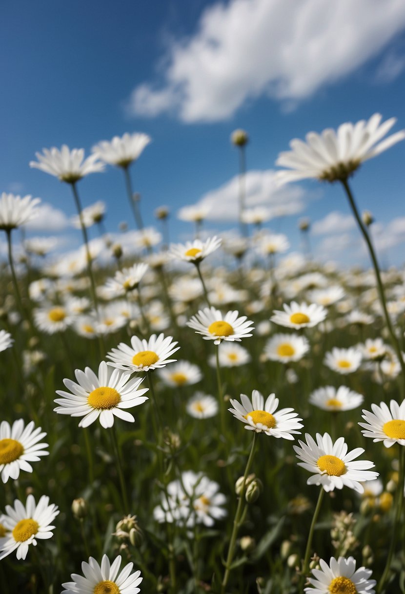 A field of white flowers stretches to the horizon under a clear blue sky, with a few fluffy clouds scattered overhead