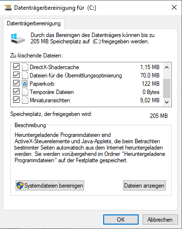 zu löschenden Dateien in der Datenträgerbereinigung