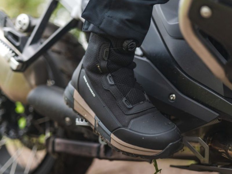 a motorcyclist wearing BMW GS Kawir GTX motorcycle shoes