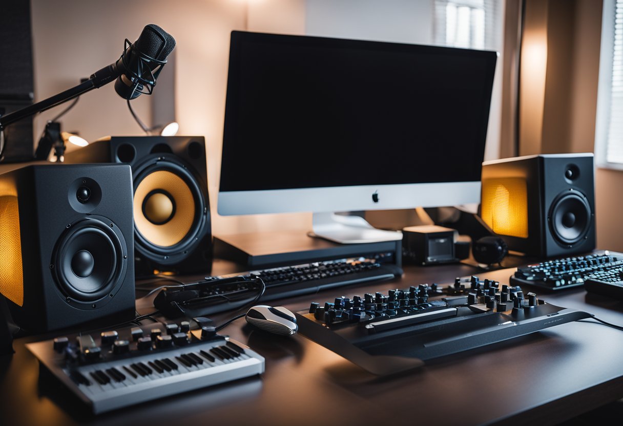 uma mesa de prudção musical com computador para home studio, monitores de referencia e teclado midi