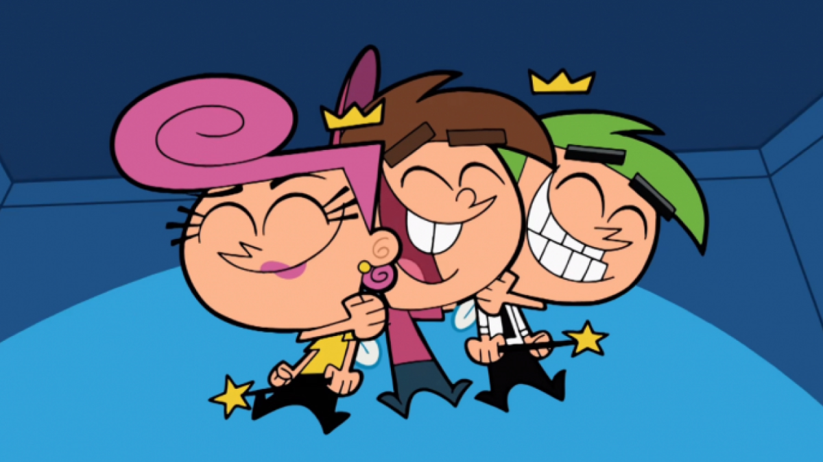 Timmy abraza a Cosmo y Wanda. Los tres están sonrientes.