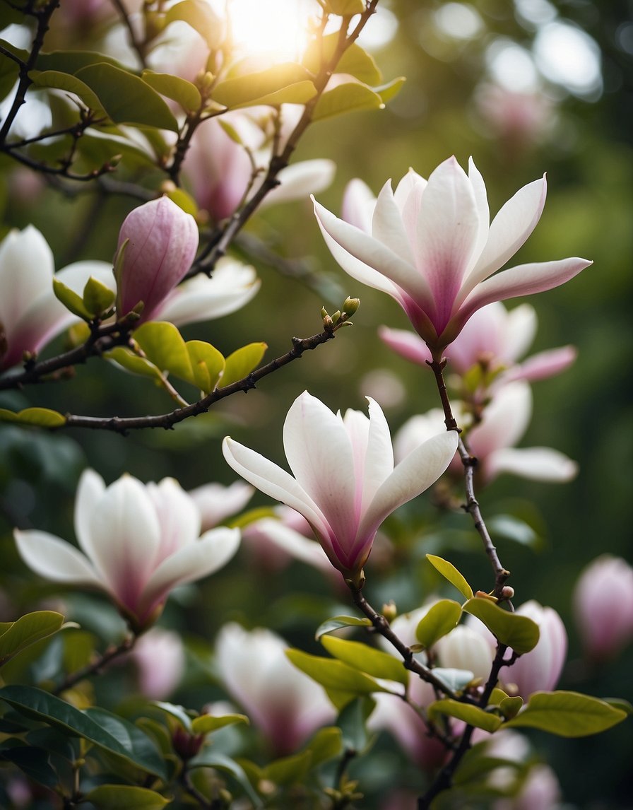 A garden filled with fragrant magnolia trees in full bloom, surrounded by lush greenery and colorful flowers