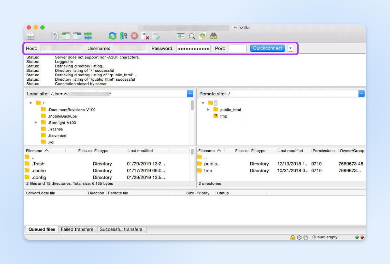 Interfaz de FileZilla FTP con la opción "Quickconnect" destacada y estado de conexión, estructuras de directorios locales y remotos.