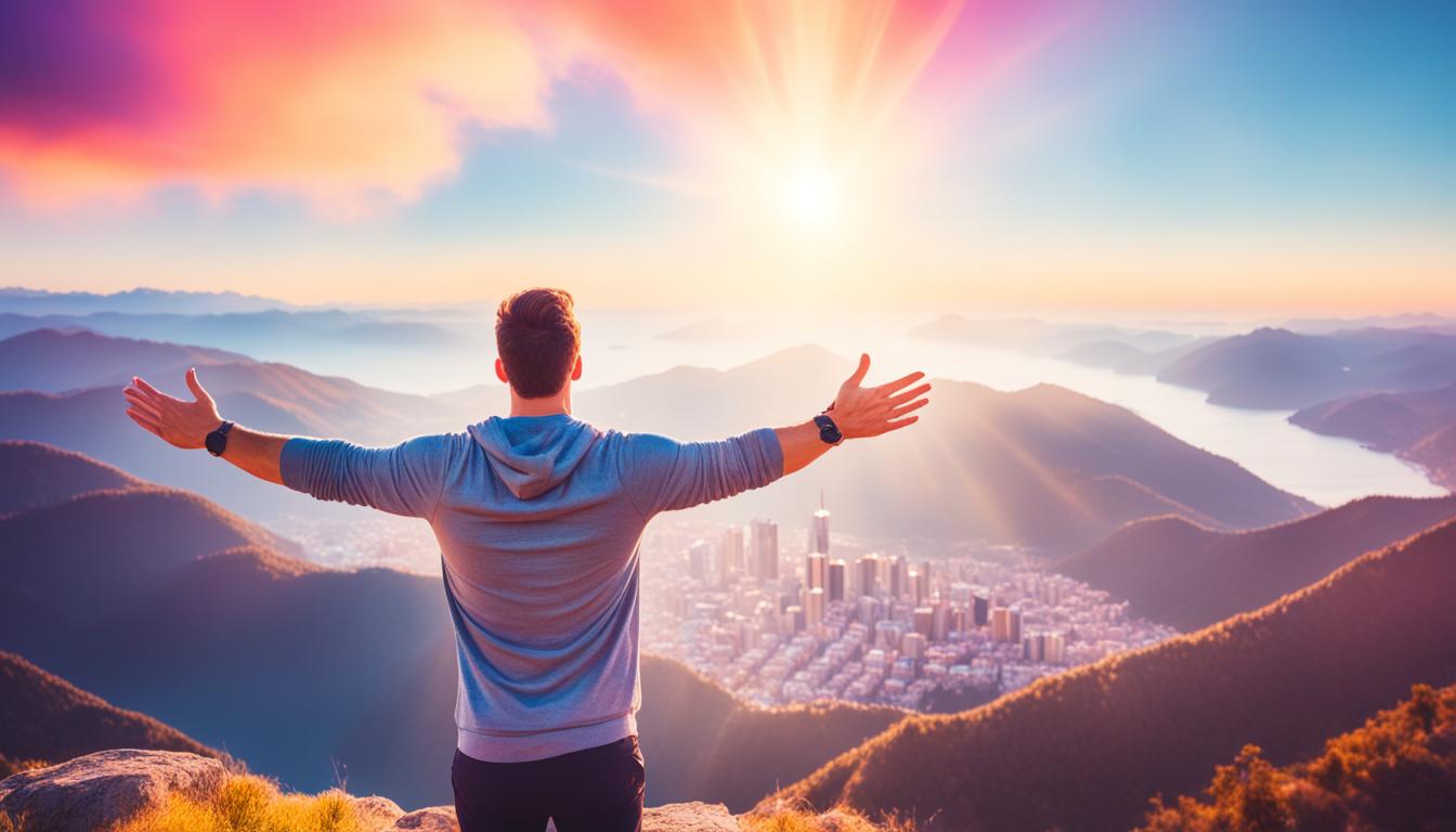 A person standing on a mountaintop, arms outstretched towards the sky, surrounded by an aura of vibrant energy. Below them, a cityscape glows in the light of the sunrise. The person's eyes are closed in deep concentration, visualizing their success and manifestation.