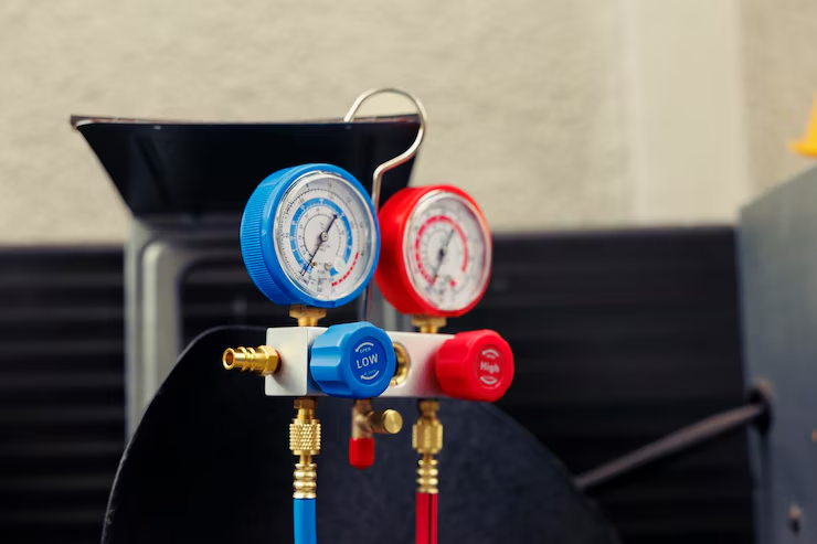 HVAC pressure gauges, blue for low and red for high