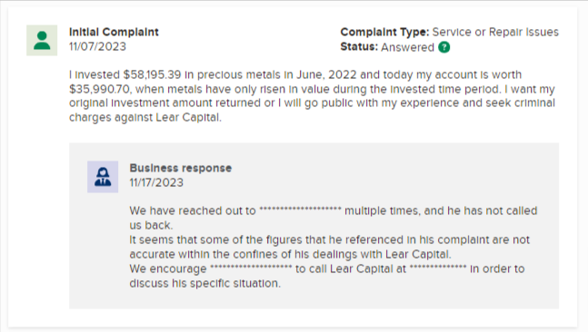 Lear Capital complaint on BBB 2