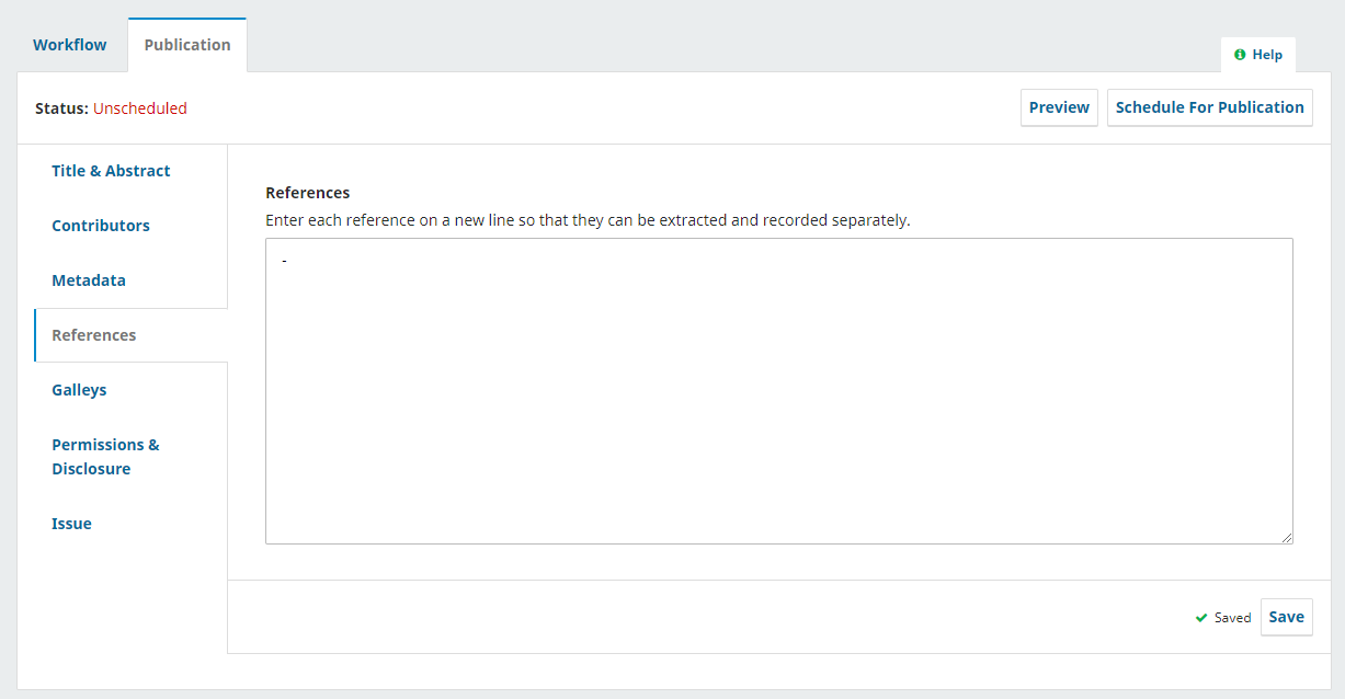 On the 'Publication' tab of the OJS submission page, the 'References' field contains a single hyphen.