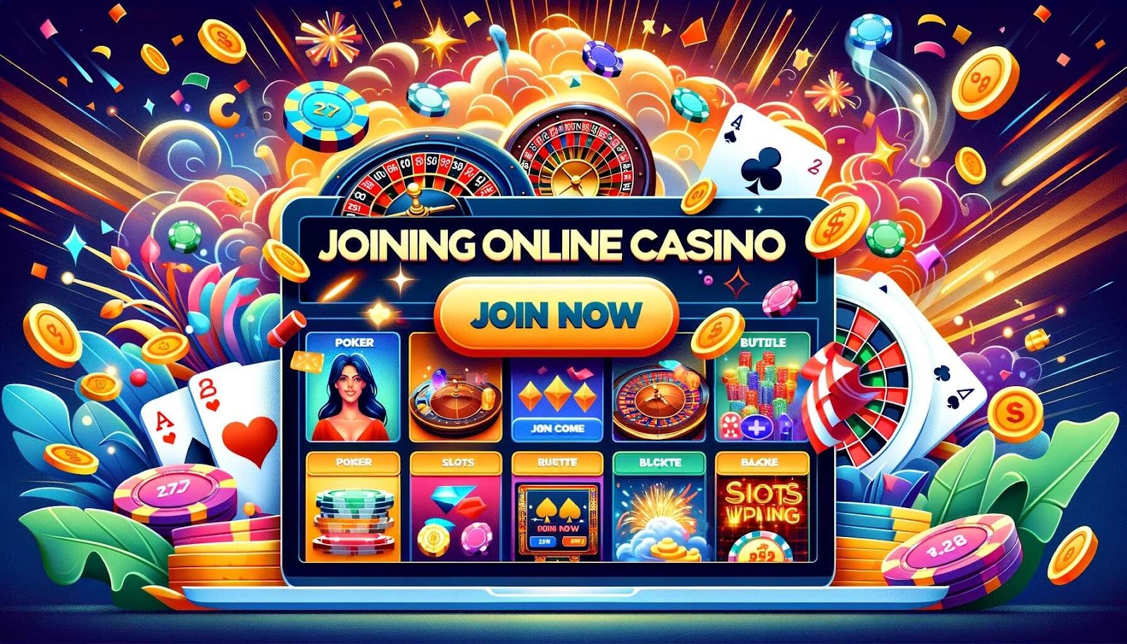 Join international online casino games, with a online casino computer screen and game symbols. 