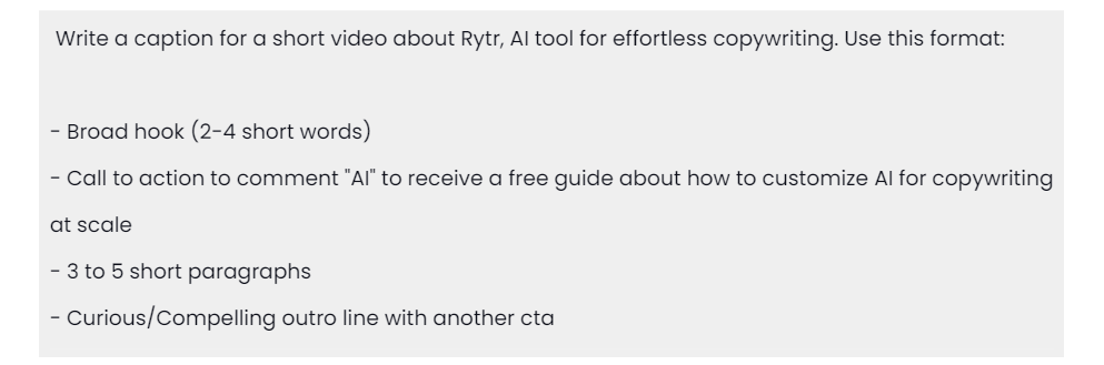 Example AI prompt for social media captions copywriting