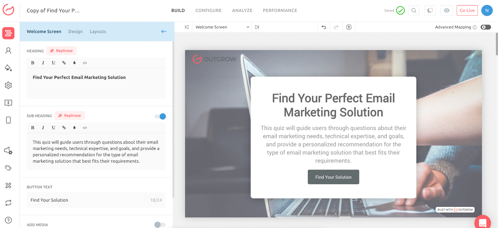 Design Your Welcome Screen on OUtgrow 