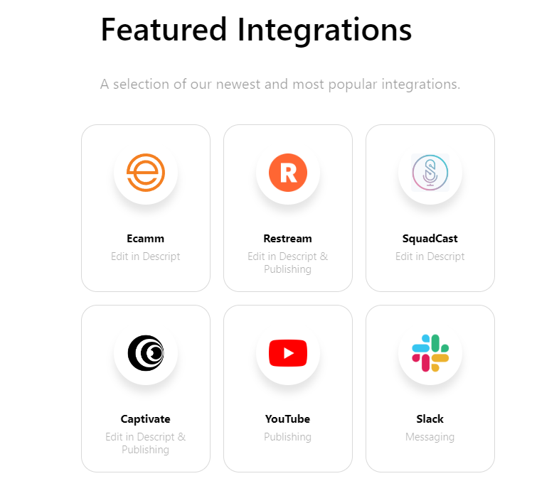 Featured integration of Descript like Ecamm, Restream, SquadCast, Captivate, YouTube and Slack