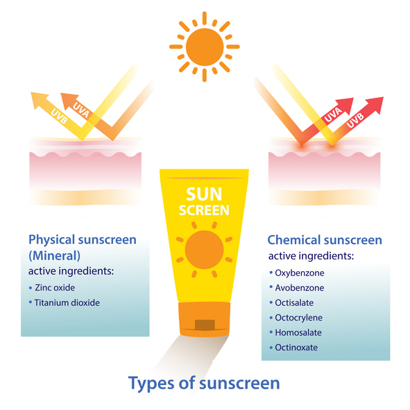 Illustration comparing physical (mineral) sunscreen vs. chemical sunscreen