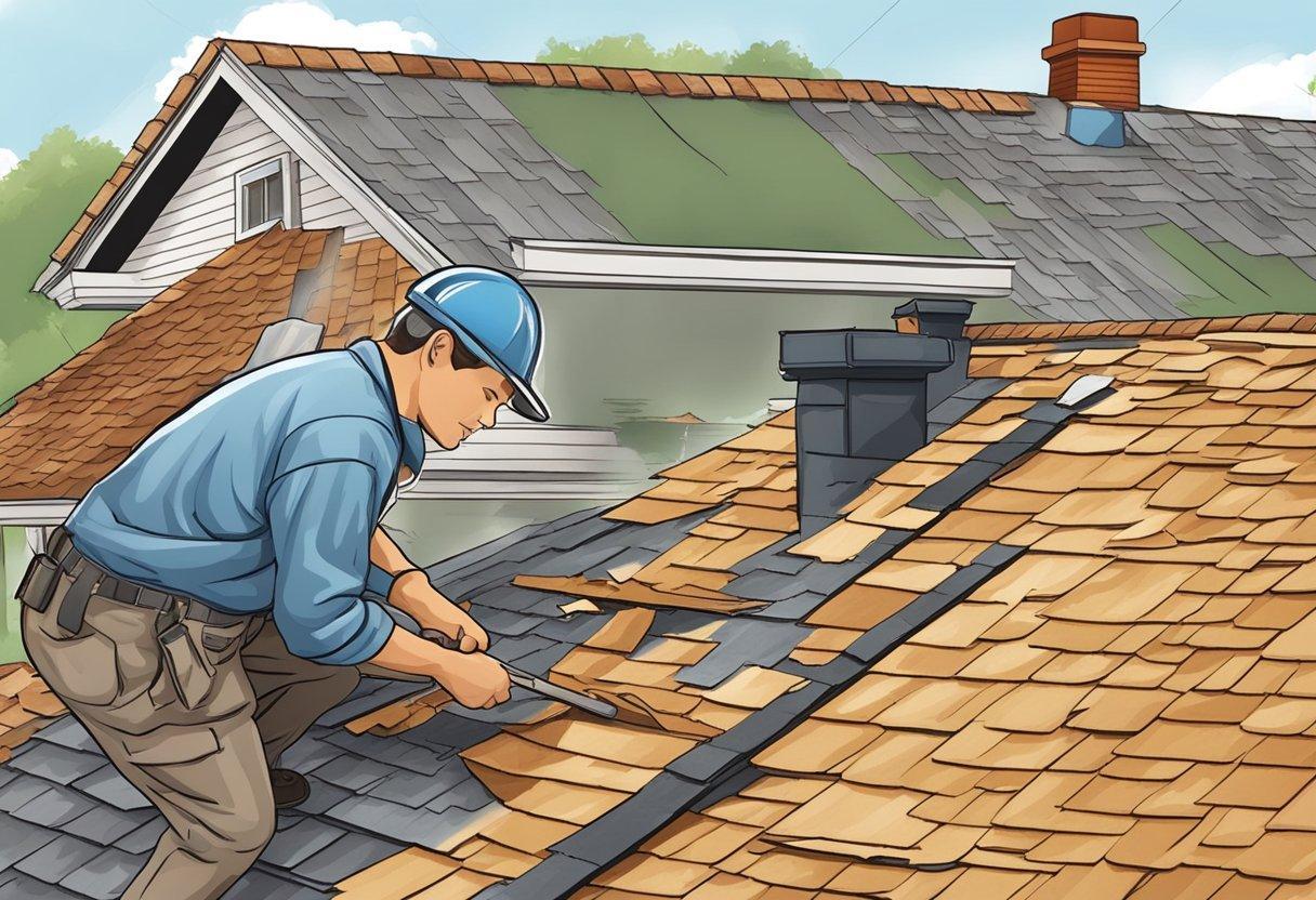 A person repairing damaged shingles on a roof