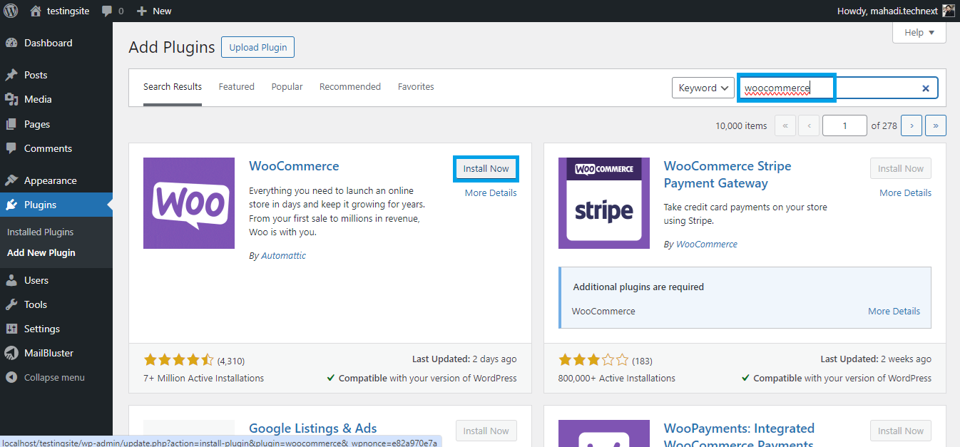 WooCommerce plugin installation on WordPress