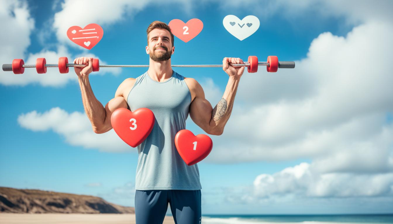 A person standing on a scale with effort and detachment sides, surrounded by hearts and arrows. On the effort side, there are weights and a progress chart; on the detachment side, there are clouds and a calm beach scene. The person is balancing their weight between the two sides, with a determined expression on their face.