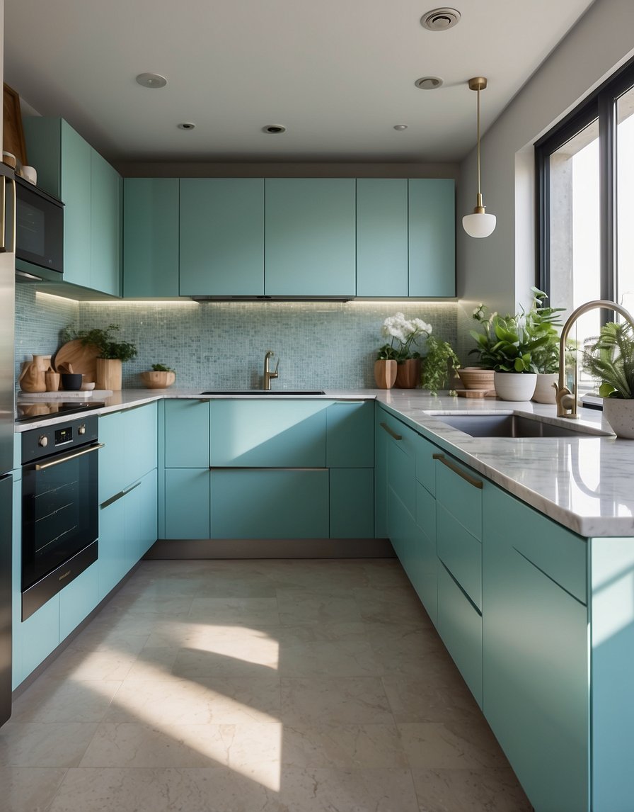 A modern kitchen with aqua-colored cabinets, sleek hardware, and a marble countertop. The natural light floods the space, highlighting the fresh and vibrant color of the cabinets