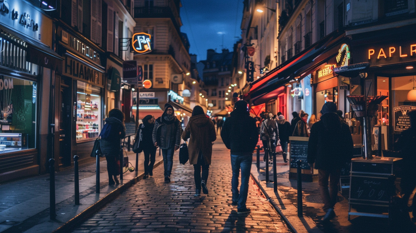 People walking along the street in Paris at night.