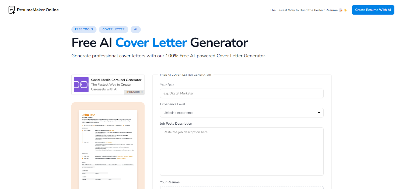 ResumeMaker.Online AI Cover Letter Generator