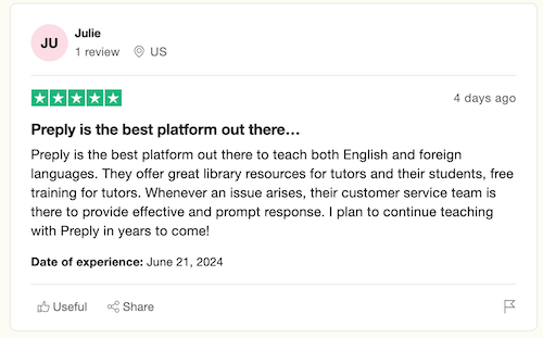 A 5-star Trustpilot review from a Preply user who feels Preply is the best platform for teaching languages and provides many resources for tutors. 