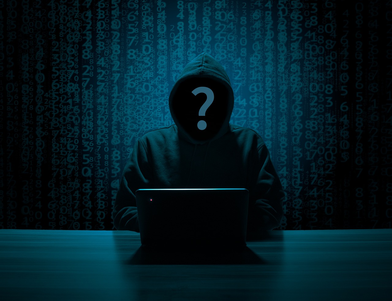 A person in a hoodie sits at a desk with a laptop, their face obscured by a question mark, against a background of blue numbers.