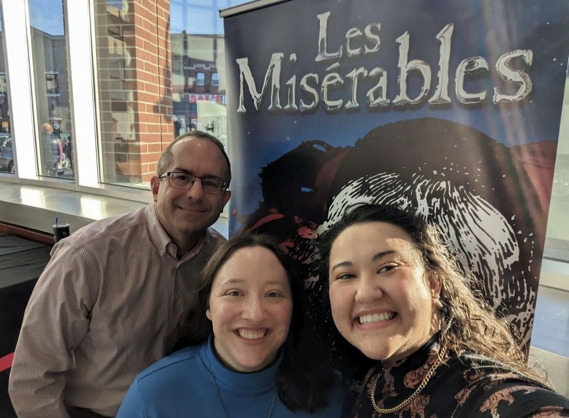 Honors director Michael Joy, secretary Sam Marier, & alum Veronica Line at Les Misérables