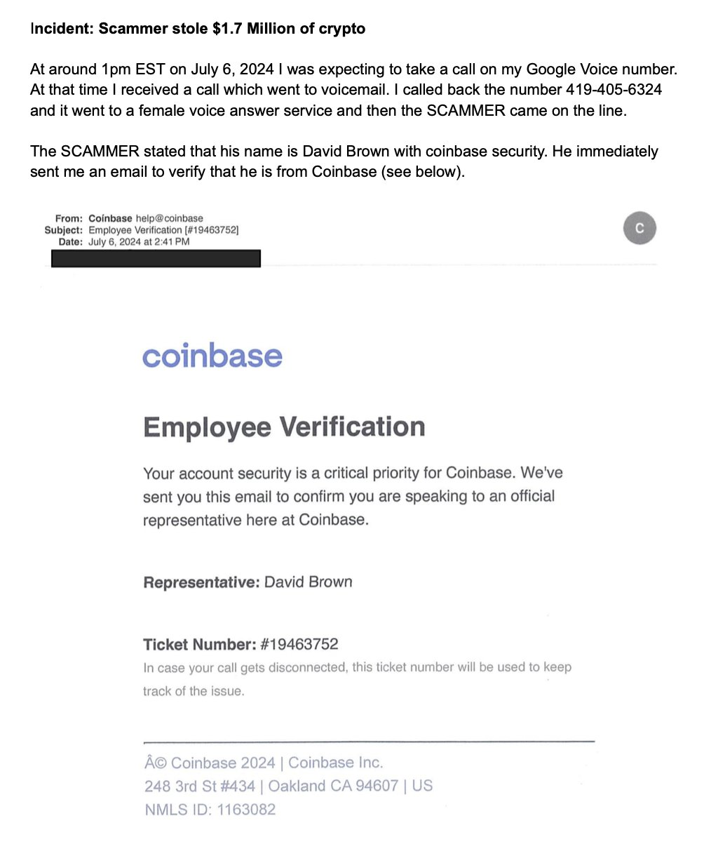 Coinbaseの従業員を名乗った詐欺師が170万ドルを流出