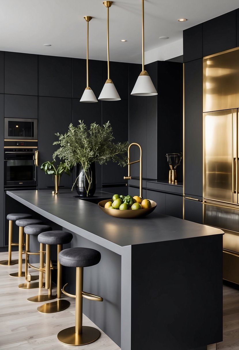 A modern kitchen with charcoal gray cabinets and brass fixtures. Clean lines and minimalist design create a sleek, contemporary space