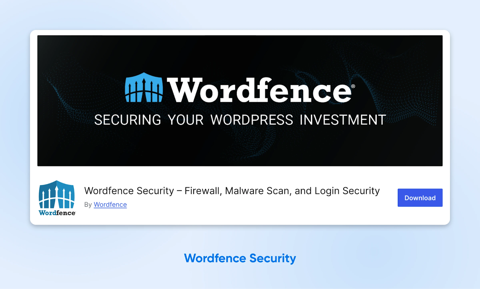 Anuncio del plugin Wordfence Security, que ofrece firewall, escaneo de malware y funciones de seguridad de inicio de sesión para proteger los sitios web de WP.